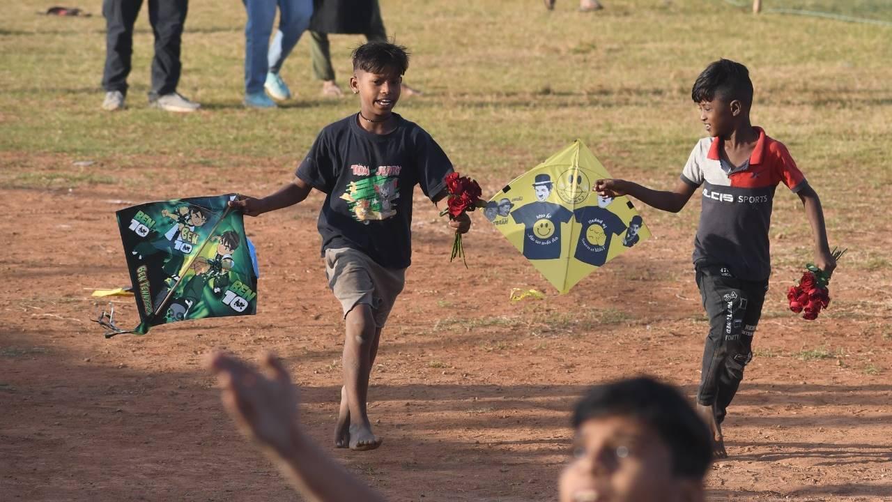 Children playing with kites in Mumbai on January 14 amid Makar Sankranti celebrations.